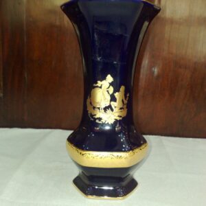Limoges Vintage Blue Gold Hexagonal Vase